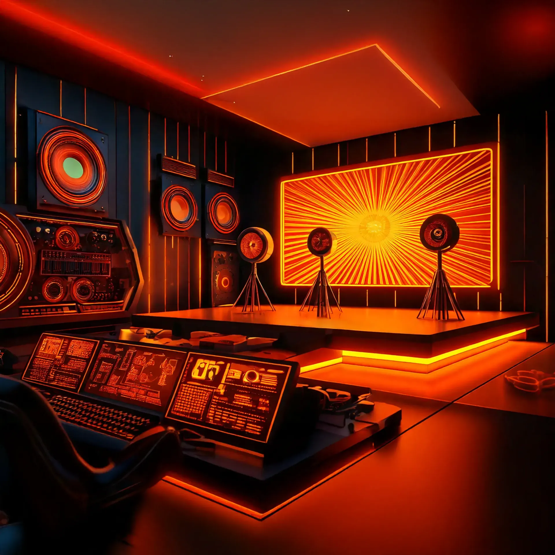 Futuristic filmmaker studio with glowing orange screens, speakers, and creative equipment.