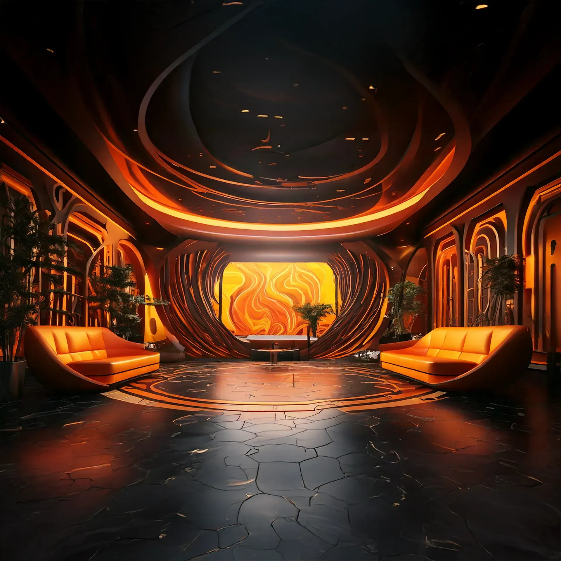 Futuristic orange-themed lobby with curved sofas, ambient lighting, and abstract wall art.