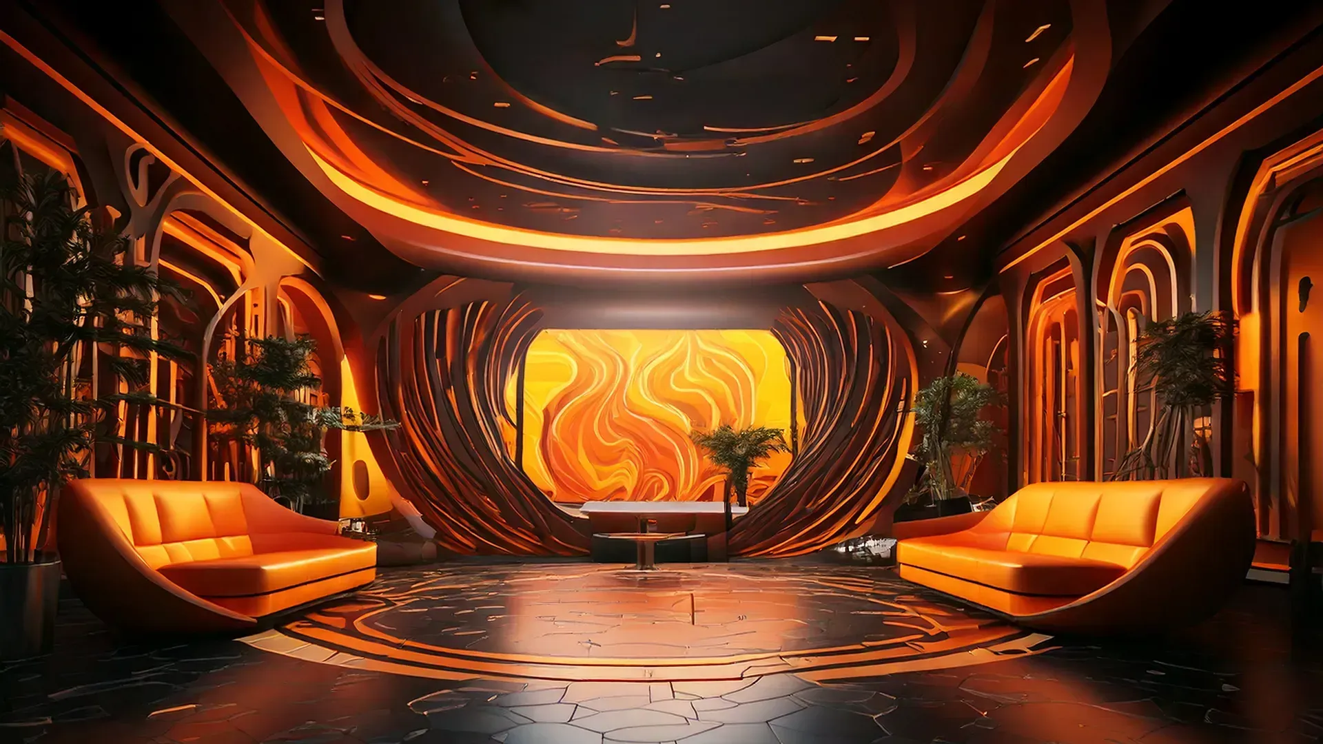 Futuristic orange-themed lobby with curved sofas, ambient lighting, and abstract wall art.