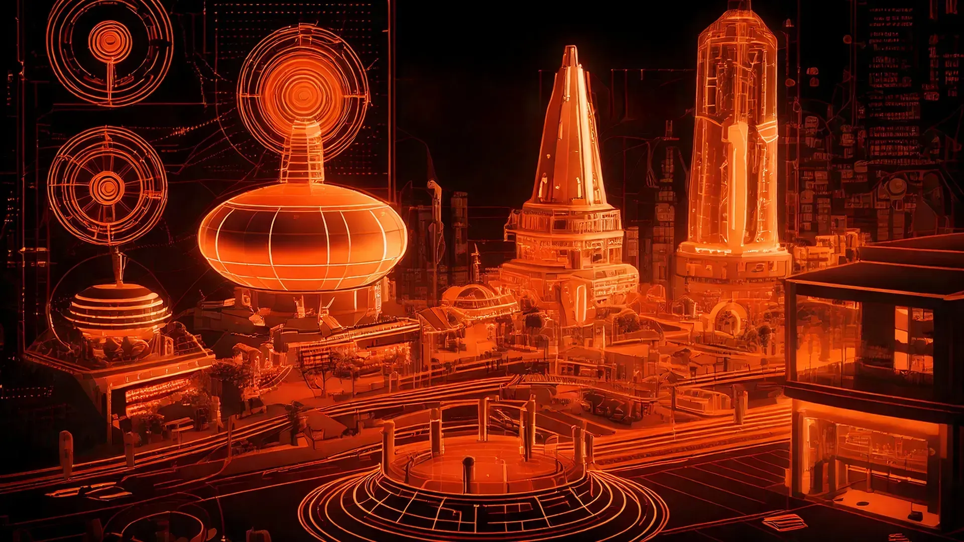 Futuristic cityscape with glowing orange architecture, circular hubs, and digital grids.