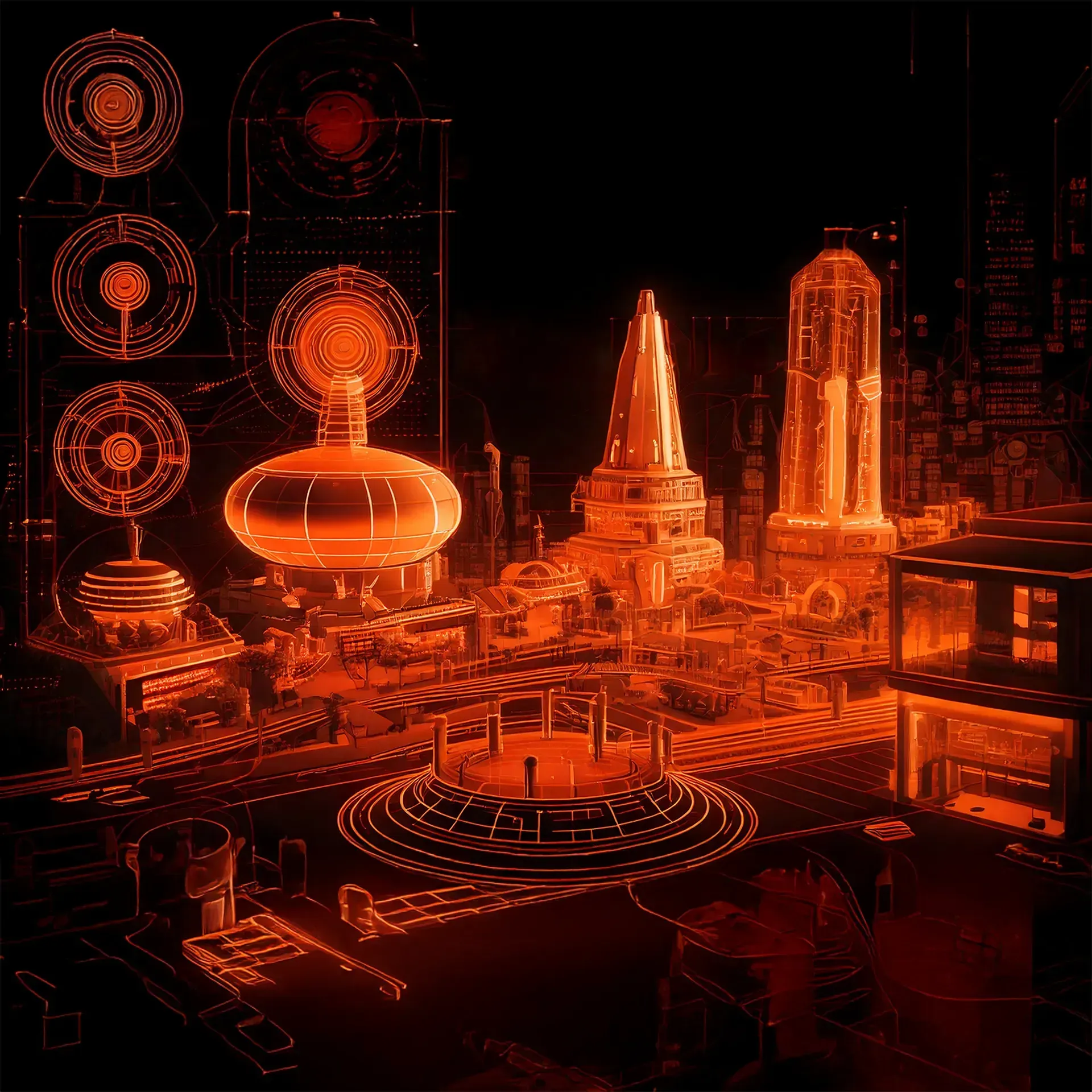 Futuristic cityscape with glowing orange architecture, circular hubs, and digital grids.