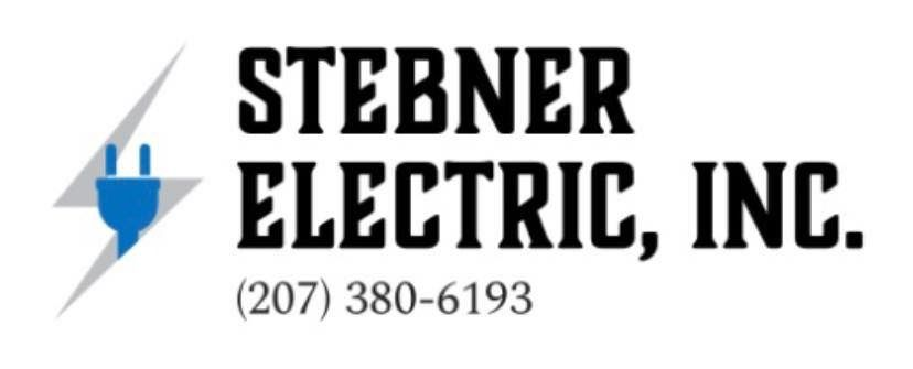 Logo for Stebner Electric, Inc. featuring a blue electrical plug icon on a gray lightning bolt and phone number 207-380-6193.