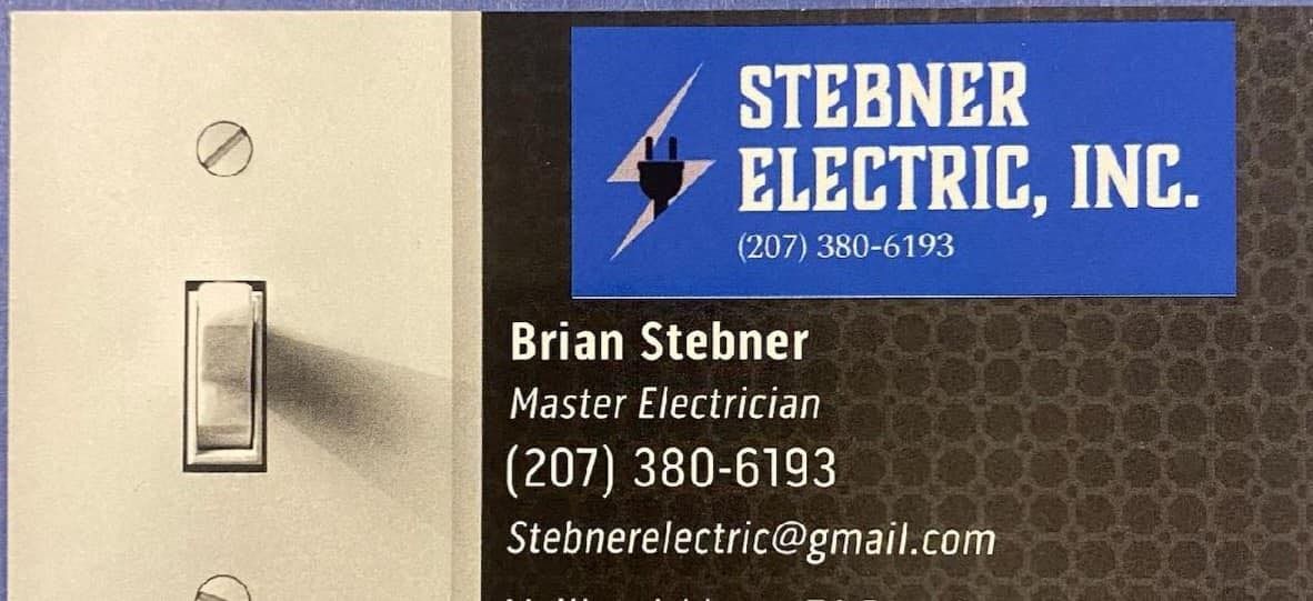 Business card for Stebner Electric, Inc. featuring a light switch graphic, contact info, and the name Brian Stebner.