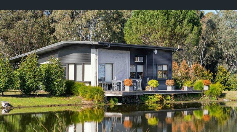 Modern single-story cabin with dark siding and a deck, overlooking a calm lake surrounded by lush green trees and shrubs.