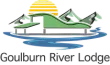 A stylized logo for Goulburn River Lodge featuring a green lodge building, mountains, a setting sun, and a blue river.