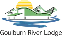 A stylized logo for Goulburn River Lodge featuring a green lodge building, mountains, a setting sun, and a blue river.