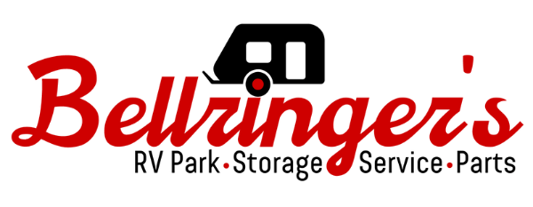 Logo for Bellinger's RV Park, Storage, Service, and Parts with a red script text and a black RV icon.