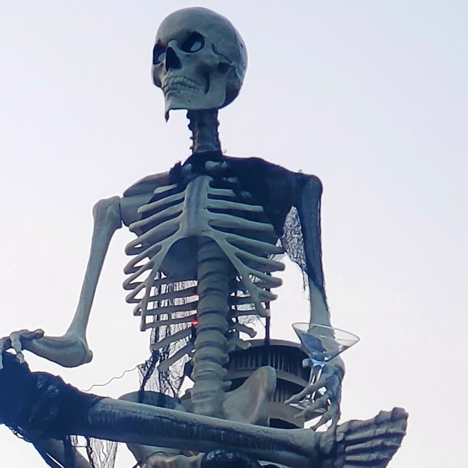 A skeleton is holding a martini in his hand