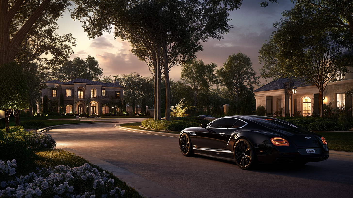 A black car is parked in front of a large house.