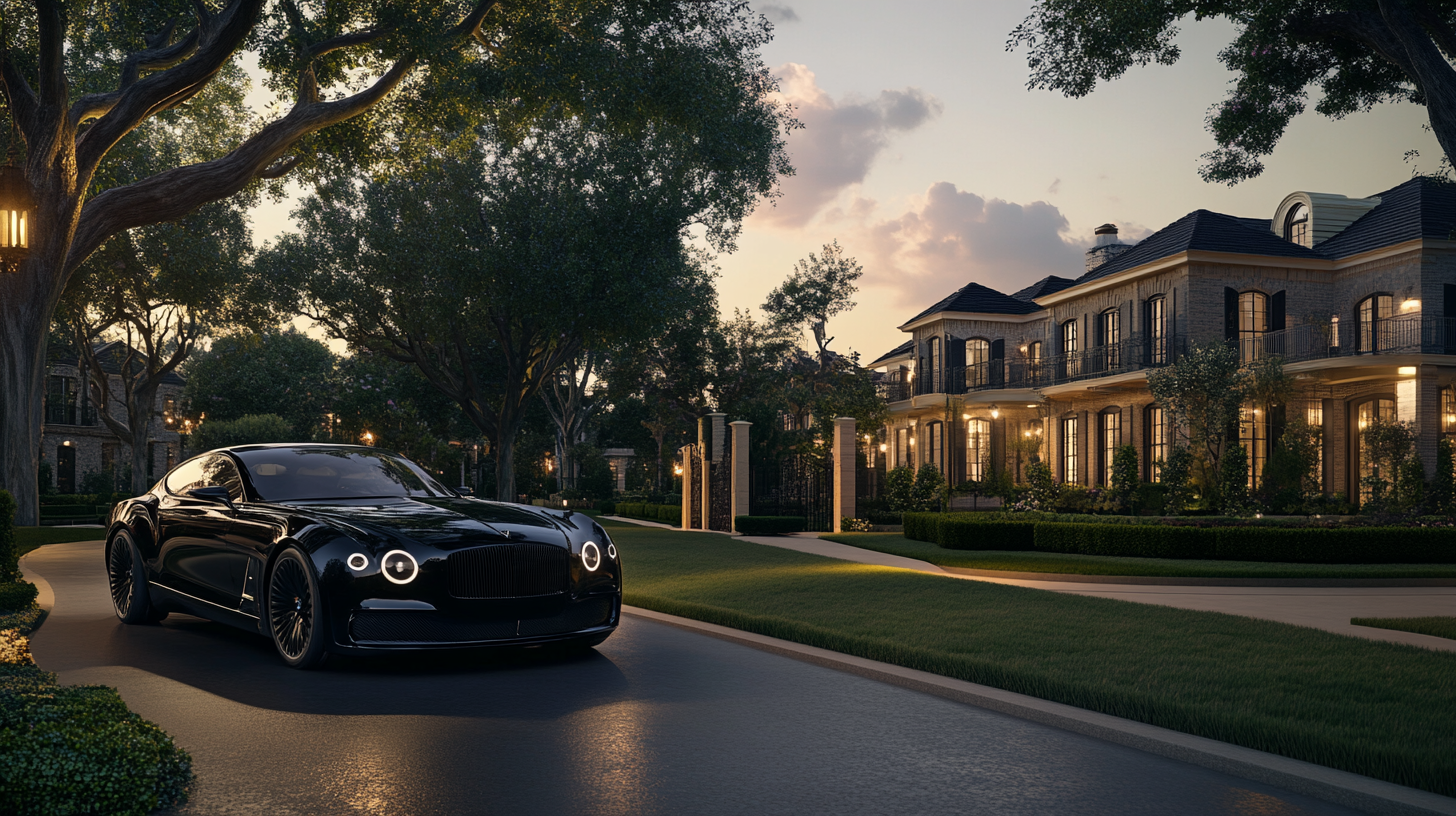 A black car is parked on the side of the road in front of a large house.