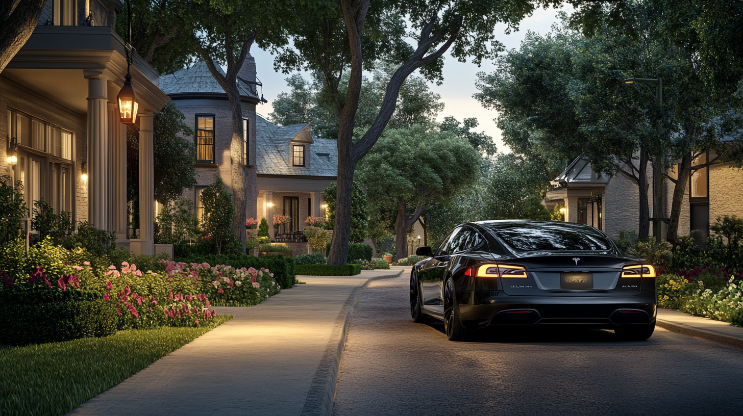 A car is driving down a residential street at night.