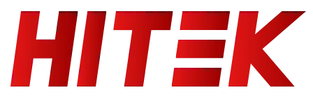 A red hitek logo on a white background