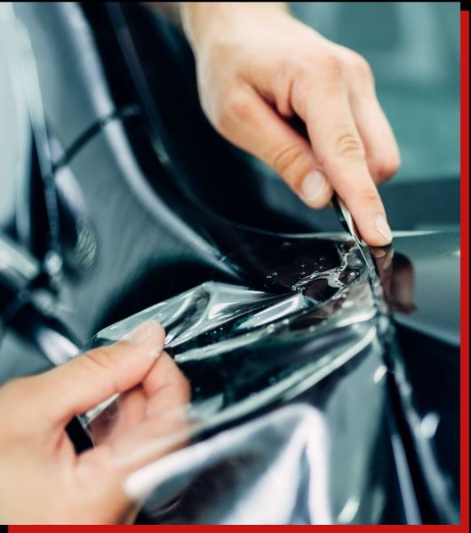 A person is applying a clear plastic wrap to a car. A person is applying a clear plastic wrap to a car.