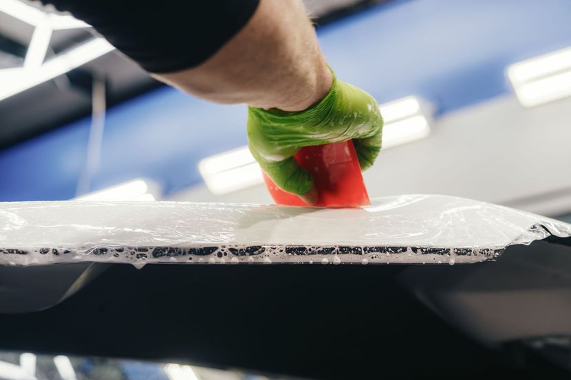 A person is cleaning a car with a sponge.