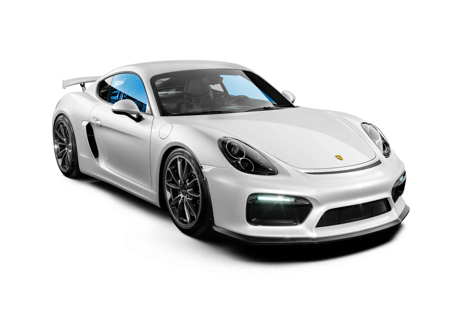 White Porsche sports car with black wheels, on a white background.