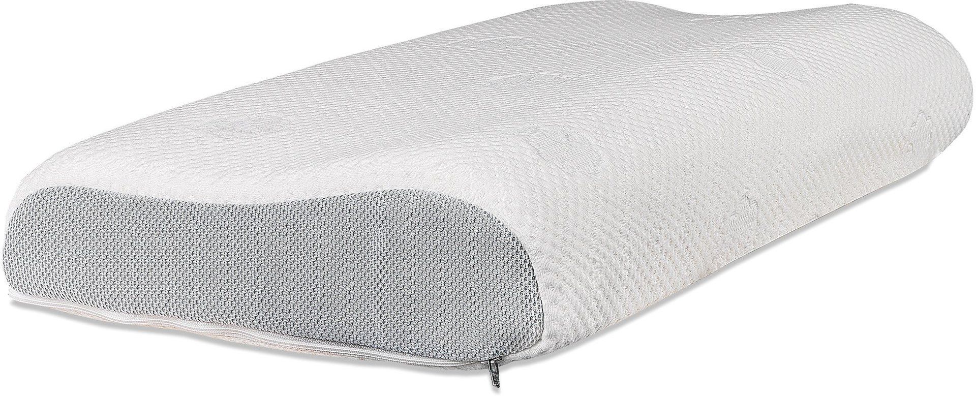 Ein weißes, rechteckiges Kissen mit sichtbaren Füllschichten, das auf einer Oberfläche liegt.