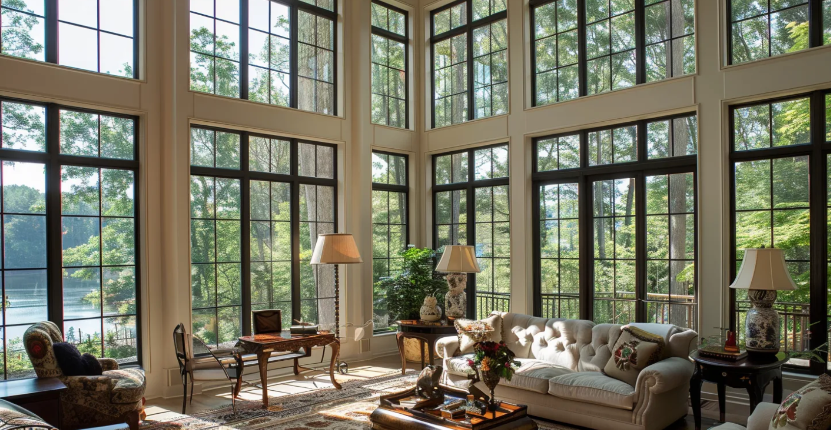 A living room filled with furniture and lots of windows.