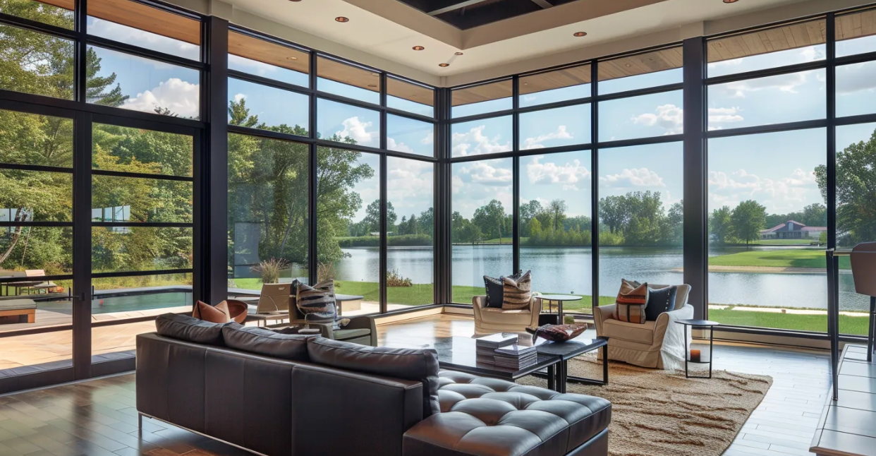A living room with a lot of windows overlooking a lake.