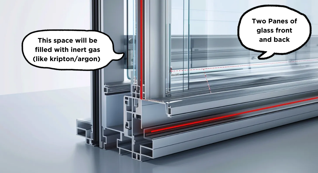 space filled with inert glass in two panes glass front and back