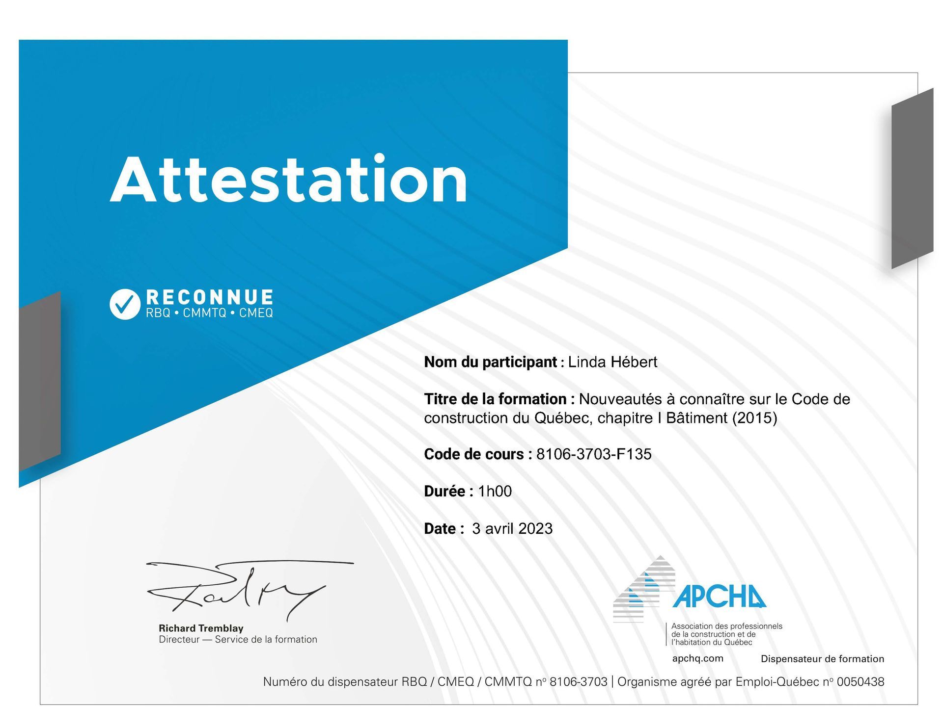 Certificat de formation en sécurité de la construction avec design bleu et blanc.