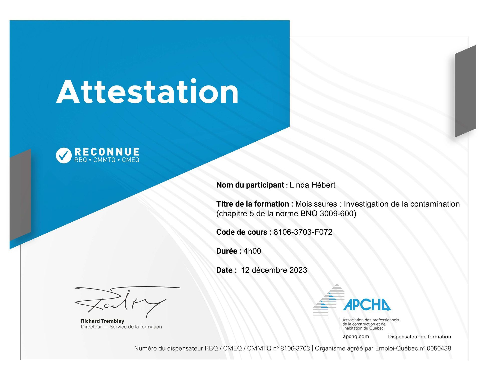 Certificat de réussite : bleu et blanc avec texte et signatures. Mentions « Attestation » et « Sécurité ».