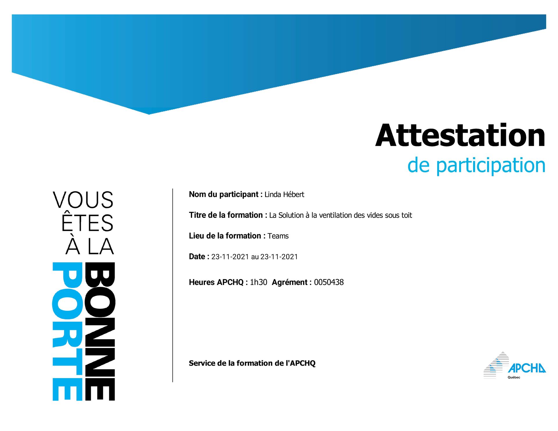 Certificat de participation avec motif bleu et blanc. Texte en français.