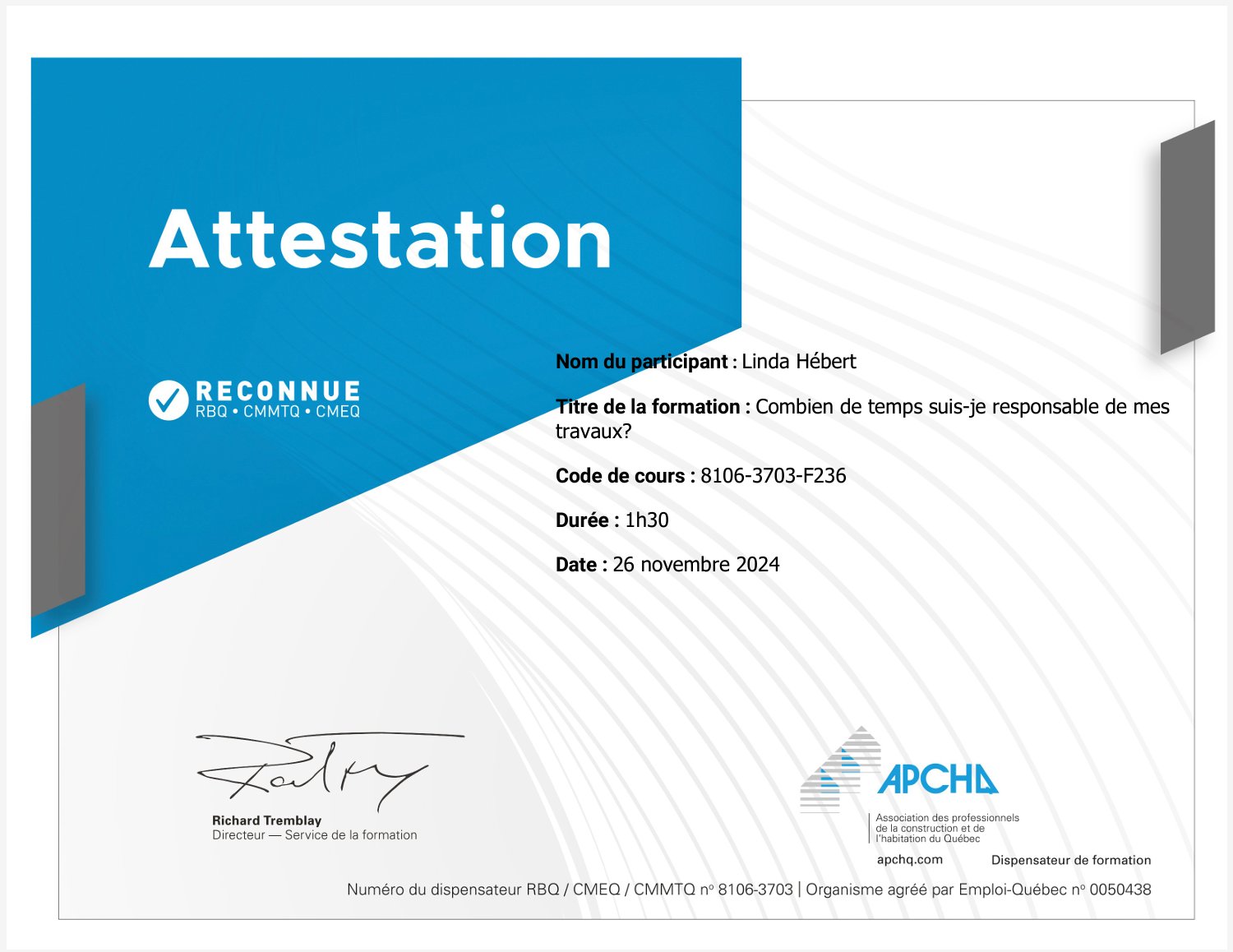 Certificat d'achèvement : bleu et blanc avec texte et logo, délivré en novembre 2019.