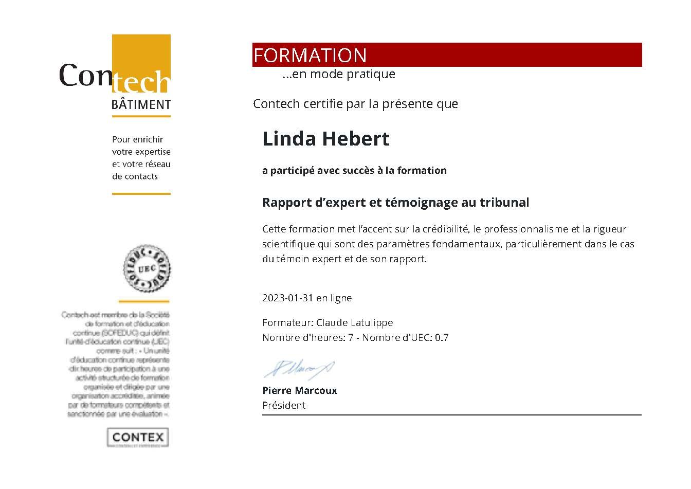 Certificate from Contech, naming Linda Hebert for the