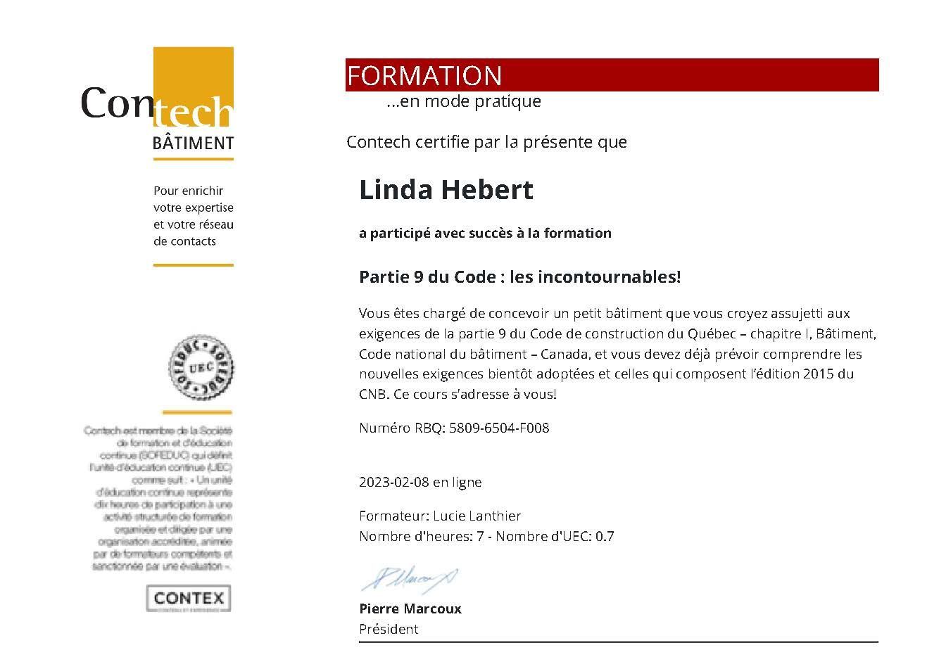 Certificat de fin de formation pour Linda Hebert : formation en Code Environnemental.