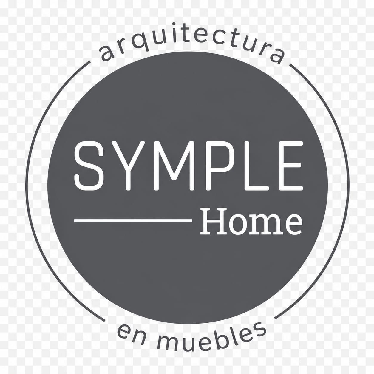 Logotipo para Symple Home, texto blanco sobre un círculo gris: 
