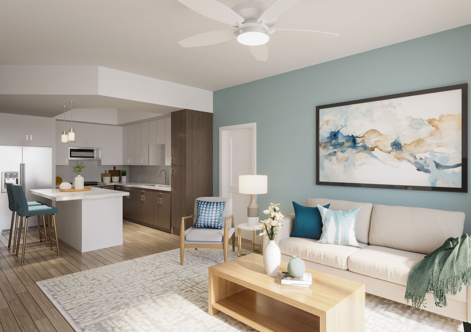 A living room with a couch , chair , coffee table and ceiling fan at Corsa at Estero Crossing.