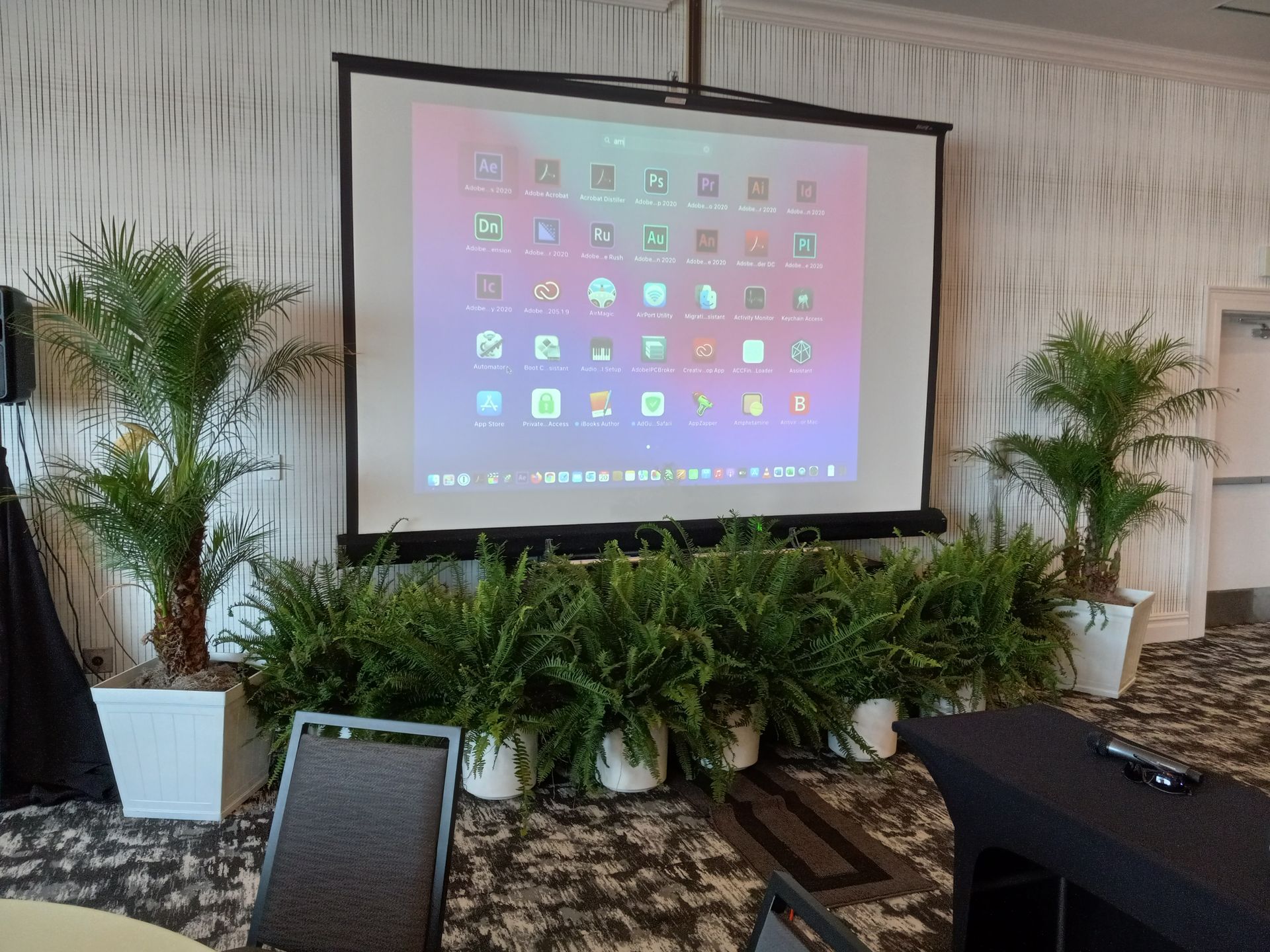A large projector screen is sitting in a room surrounded by potted plants.