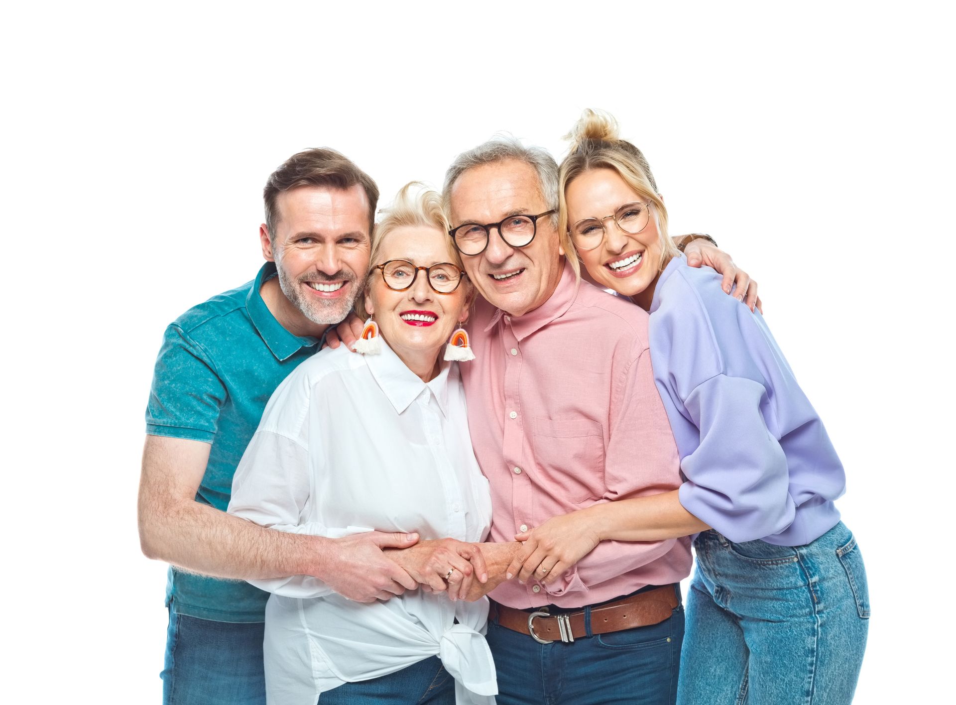 A family is posing for a picture together on a white background.