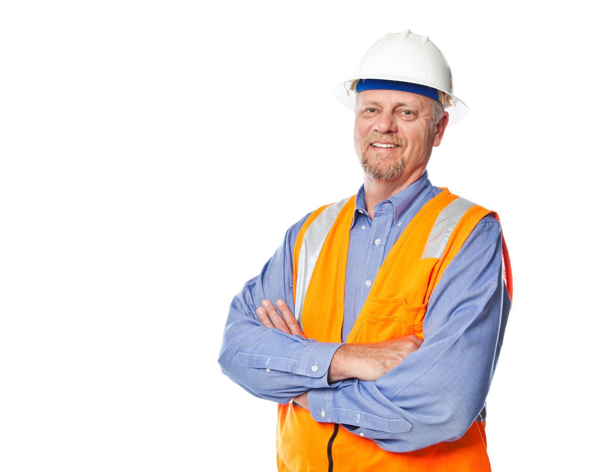 A man wearing a hard hat and an orange vest with his arms crossed