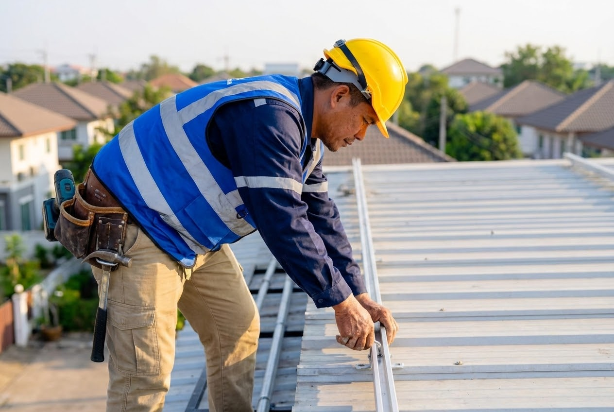 Roofer in yellow hardhat and blue reflective vest works on a metal roof in a residential area.