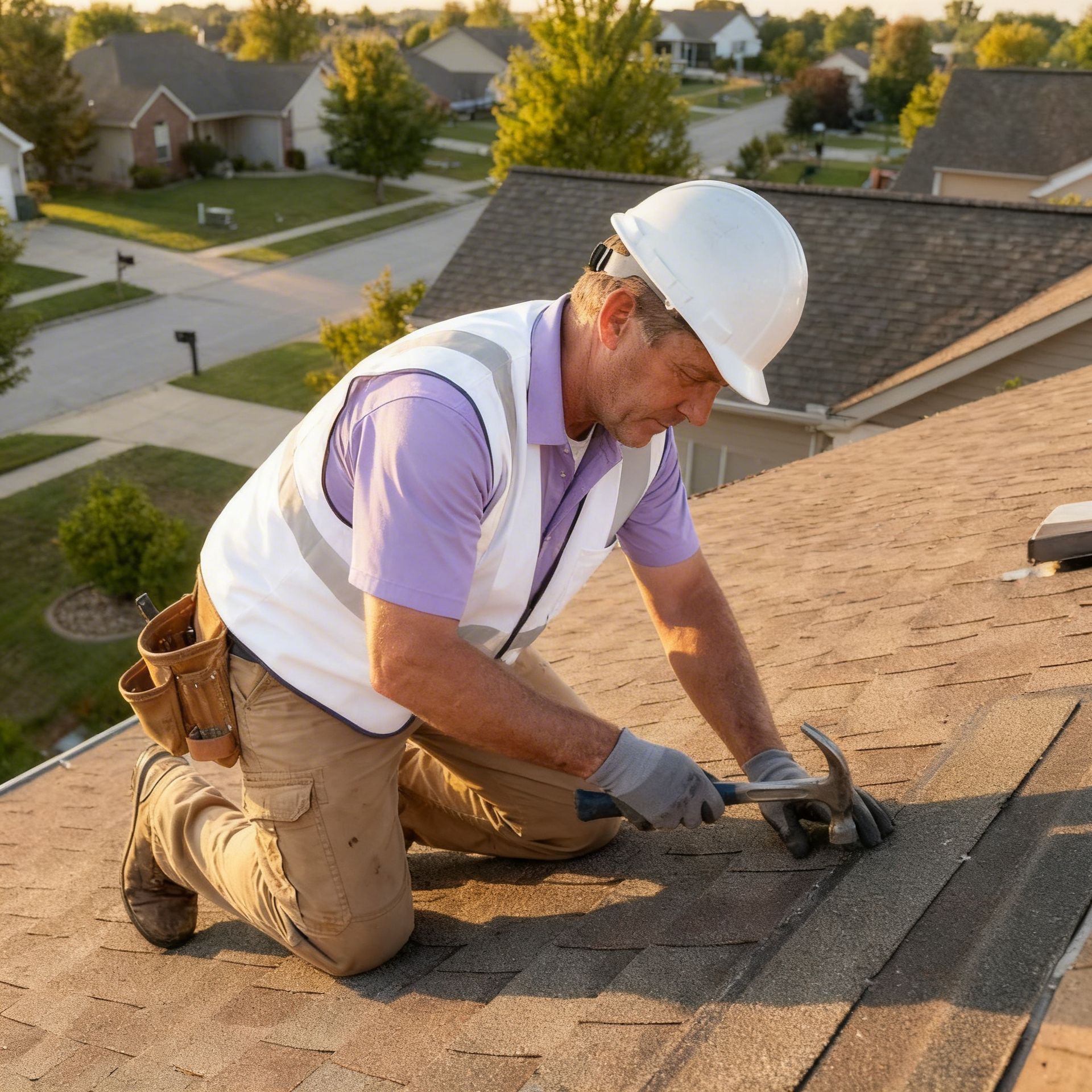 Roofer in safety vest and helmet hammers shingles on a residential roof in a suburban neighborhood.