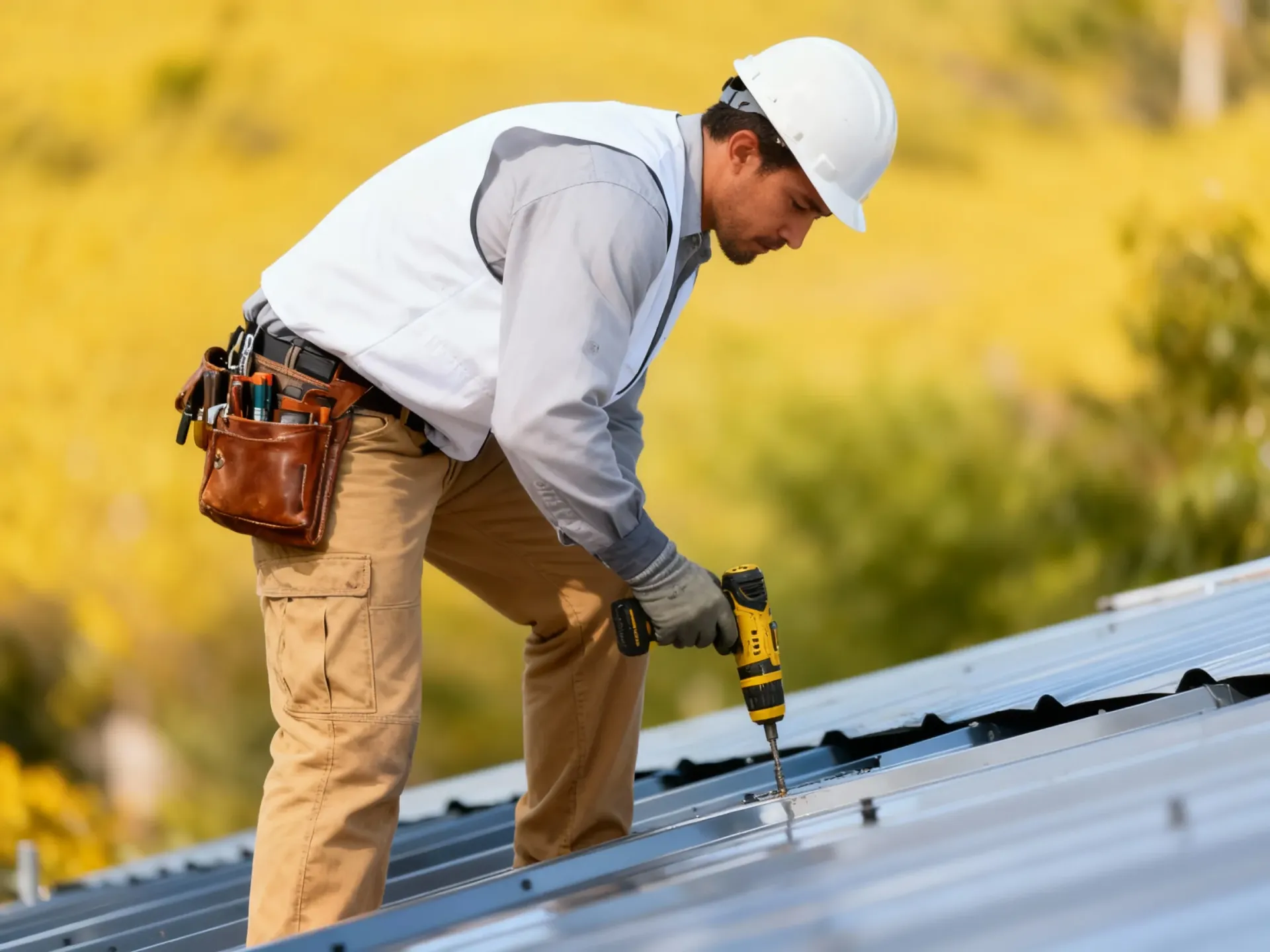 Solar panel installer using a drill on a metal roof.