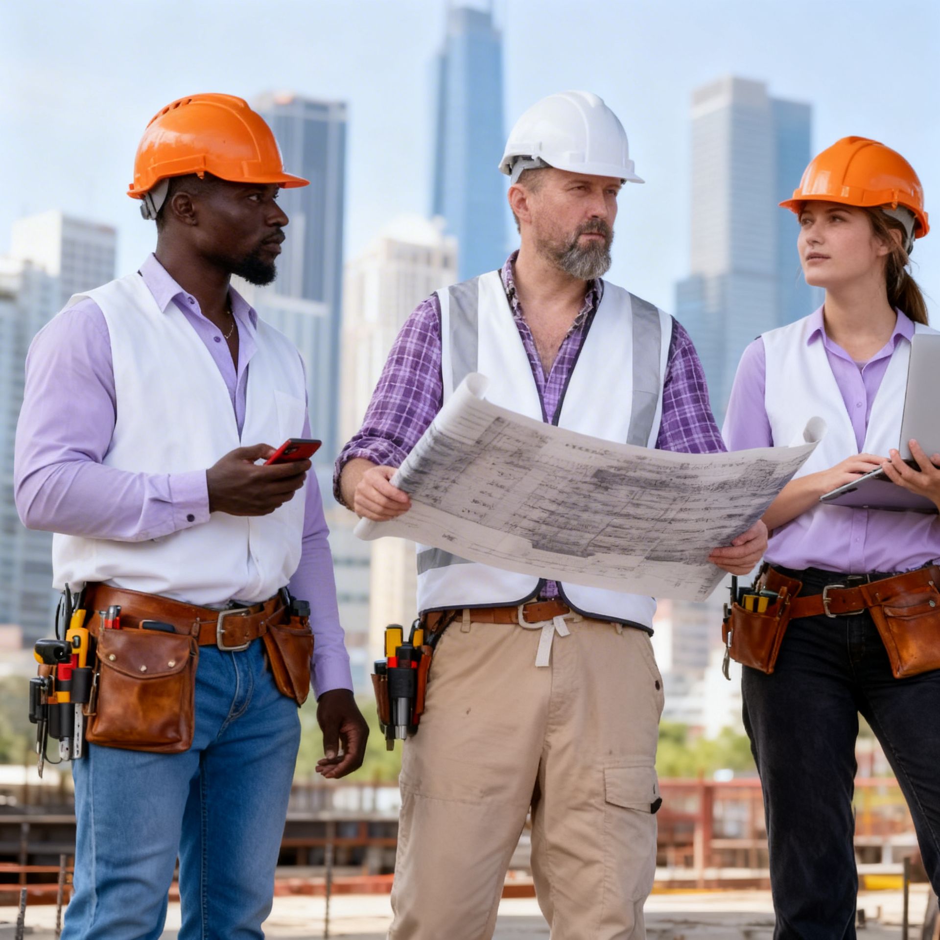 Three construction workers, one with phone, one with blueprint, one with laptop, on a rooftop with city skyline.