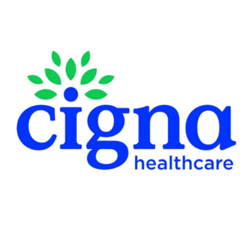 Cigna Healthcare logo: blue text with green leaves and a blue dot on top.