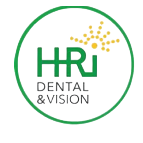 Green circle logo: HRI Dental & Vision, green text, yellow sunburst graphic.