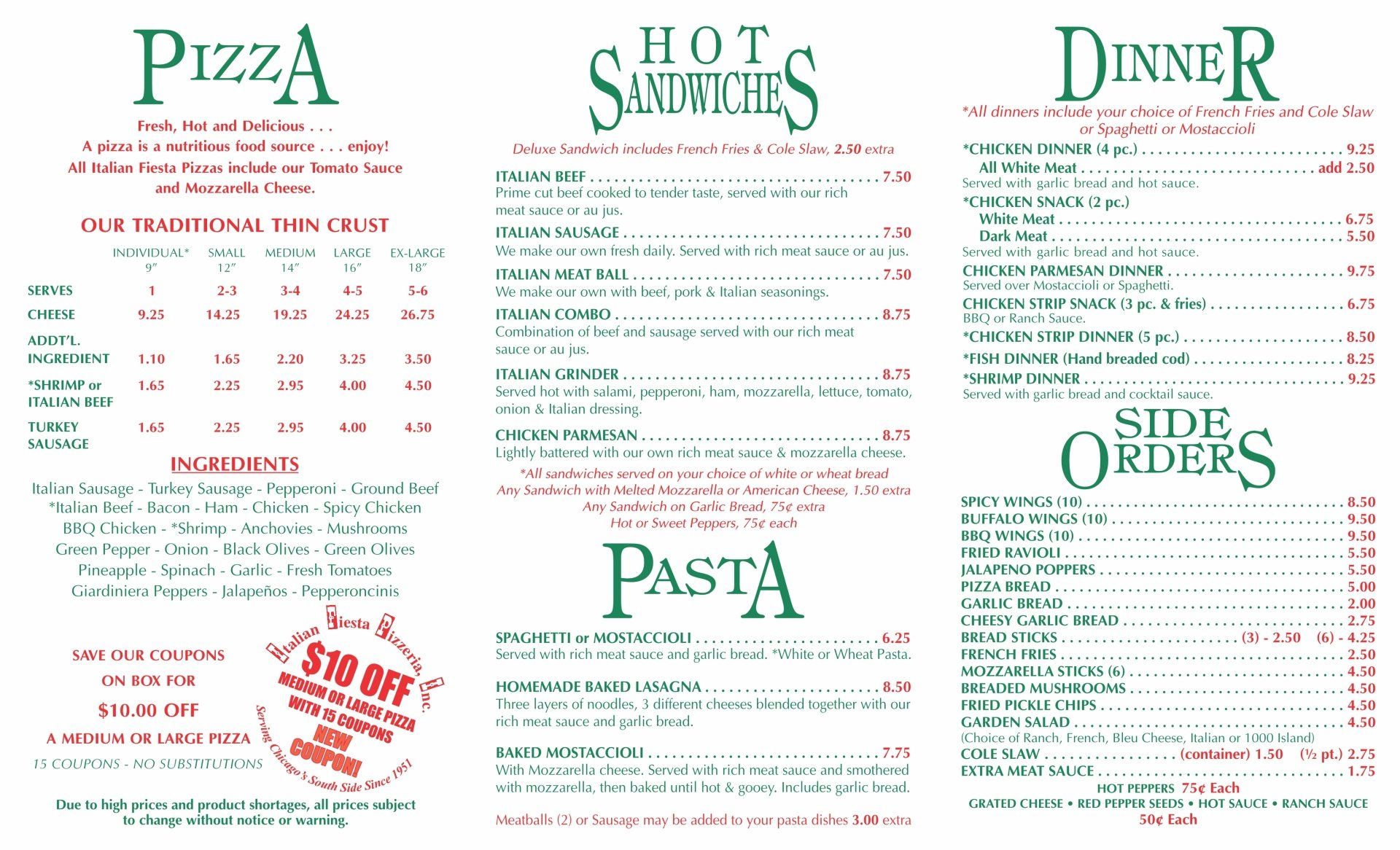 New Lenox Area Food Menu — Chicago, IL — Italian Fiesta Pizzeria