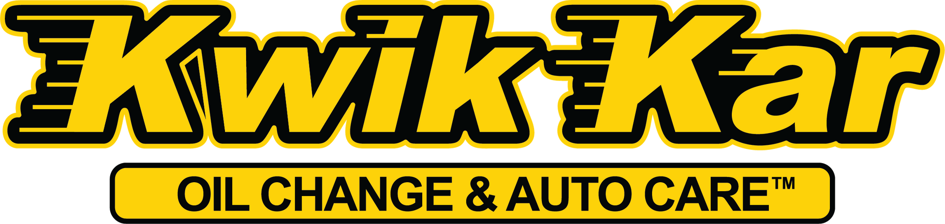 Kwik-Kar logo with yellow text and a black outline. Below, "OIL CHANGE & AUTO CARE" in a yellow banner.