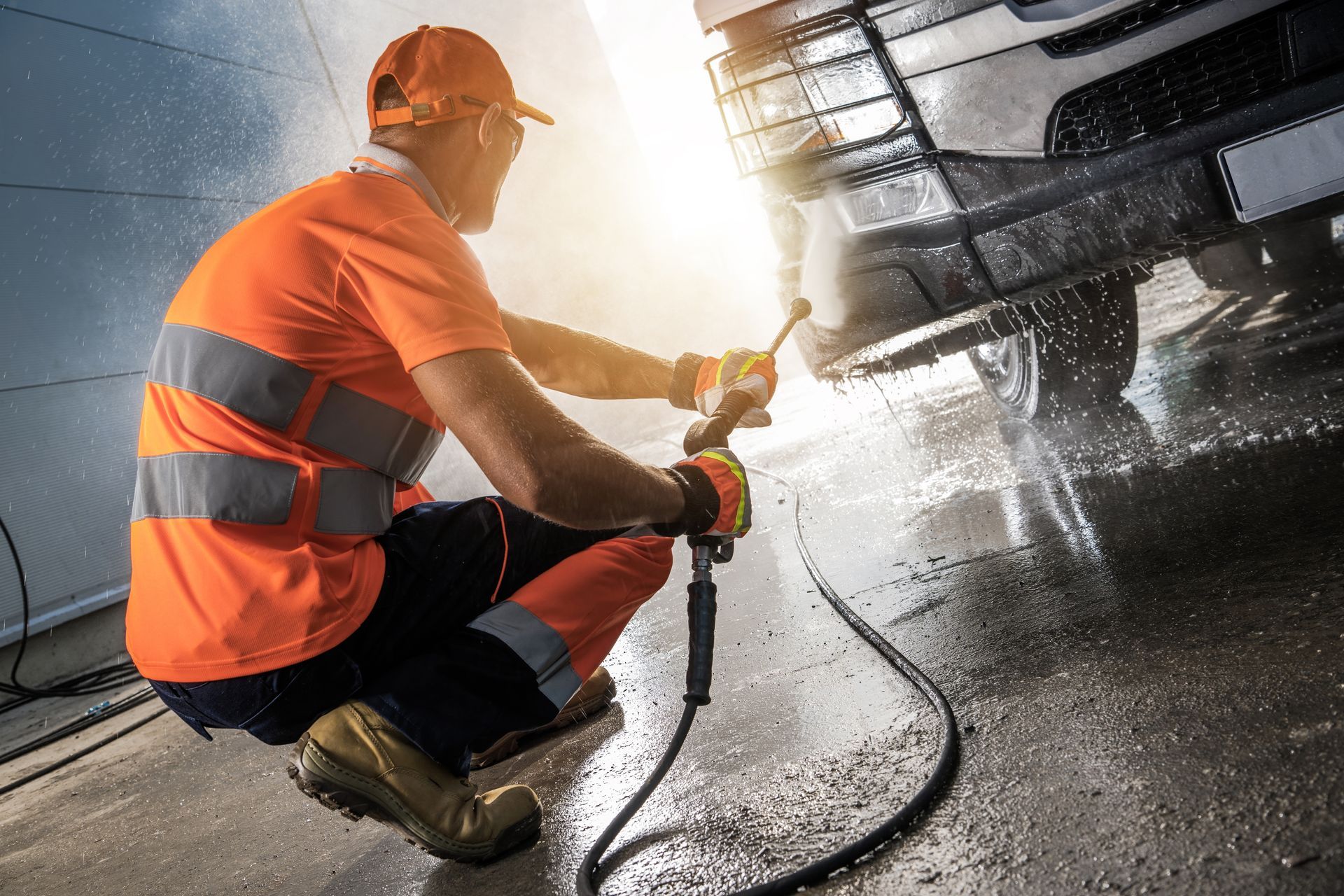 A man is cleaning a truck with a high pressure washer.
