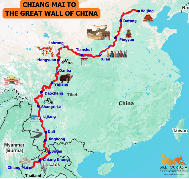 Chiang mai to Great Wall in China Map - Bike tour asia