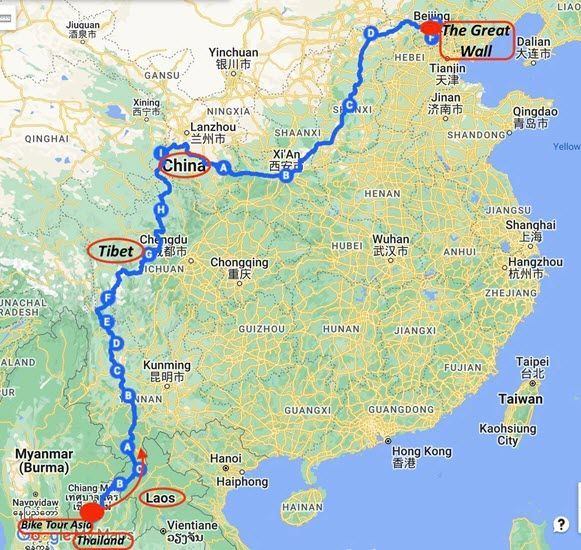 Chiang mai to Great Wall in China Map - Bike tour asia