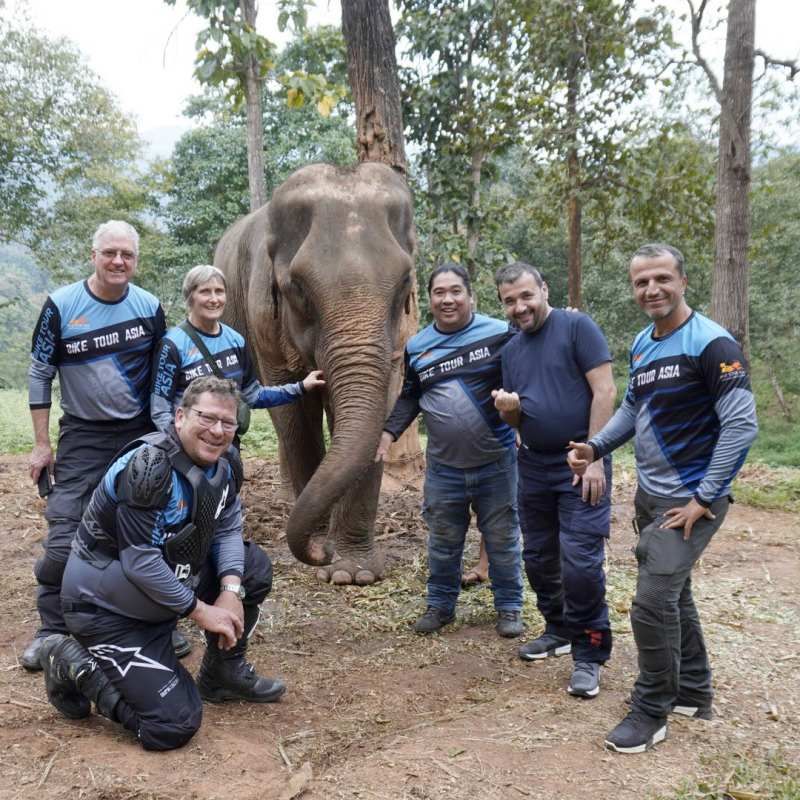 Motorcycle tour group visiting an elephant sanctuary in Northern Thailand during a guided Bike Tour Asia experience