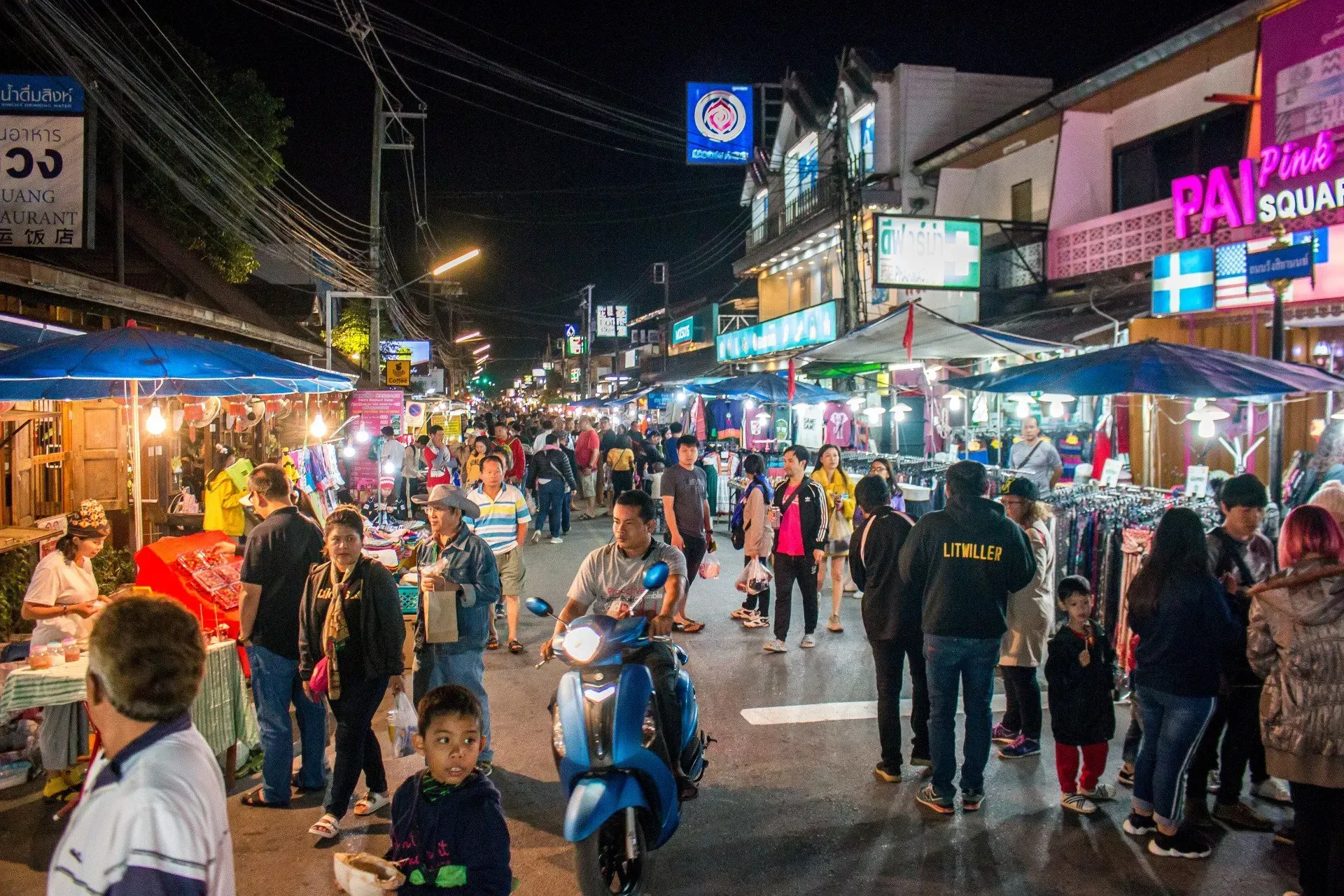 Colorful night market scene on Pai Walking Street in northern Thailand