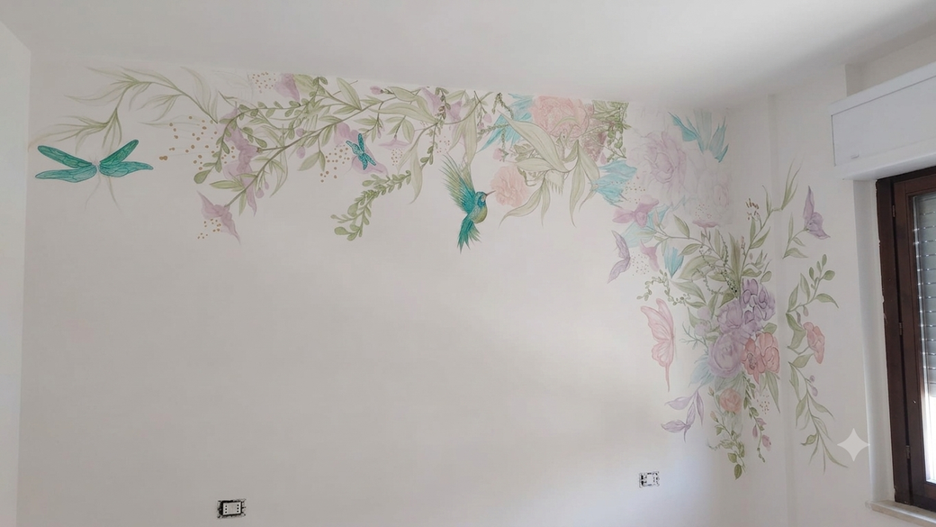 Parete bianca della camera da letto con murale floreale dai colori pastello e farfalle turchesi vicino a una finestra