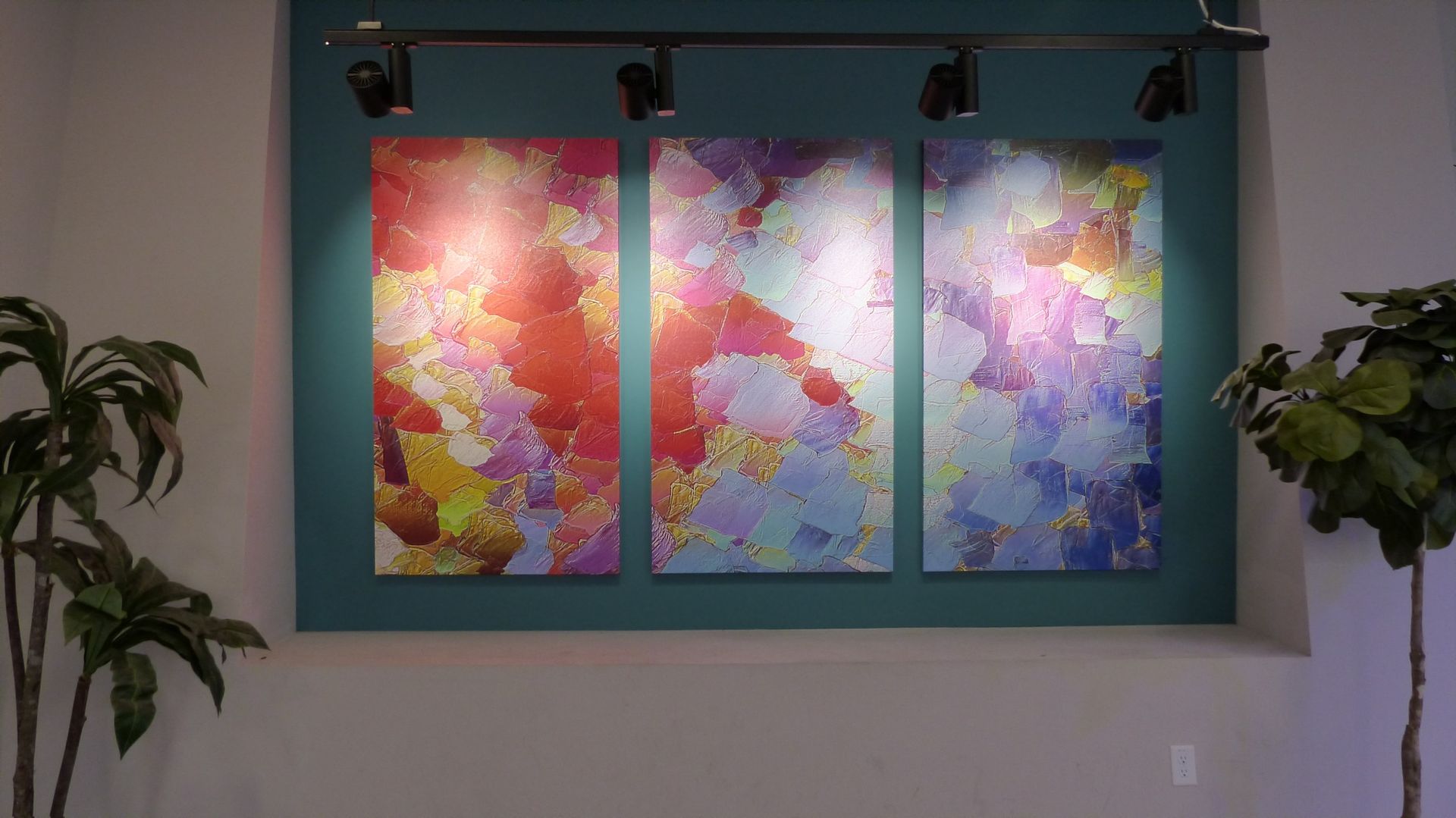 Three colorful abstract art panels hang on a teal wall between two potted plants, illuminated by track lighting above.