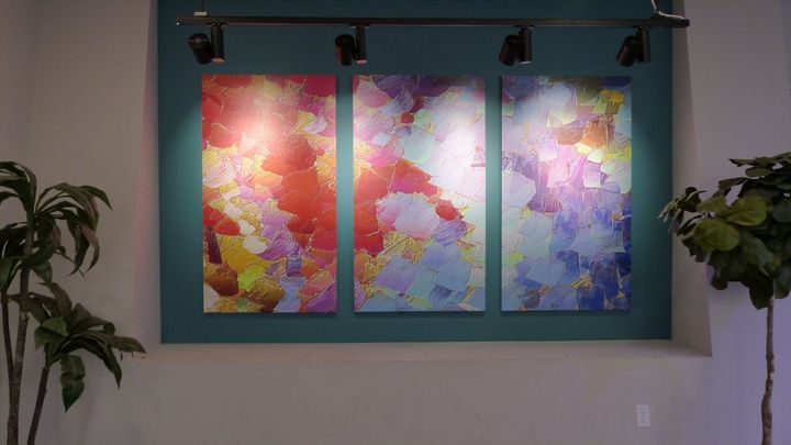 Three colorful abstract art panels hang on a teal wall between two potted plants, illuminated by track lighting above.